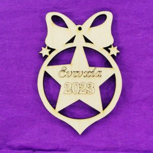 Στρογγυλό Αστέρι ξύλινο  με φιόγκο και Ευχή (Ευτυχία)  10 εκ.