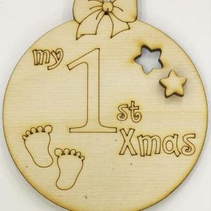 Ξύλινο στρογγυλό  με φιόγκο και  ευχές (My 1st Xmas)  8 εκ.