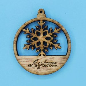 Ξύλινο στρόγγυλο κρεμαστό χιονονυφάδα ευχή 6 εκ.