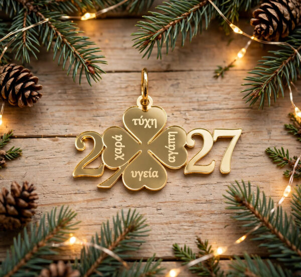 plexiglass-stoixeio-2027-trifylli-chrysos-CR24015-1 Διακοσμητικό στοιχείο για γούρια 2027 με τετράφυλλο τριφύλλι από χρυσό plexiglass καθρέφτη και ευχές τύχη, χαρά, υγεία, αγάπη