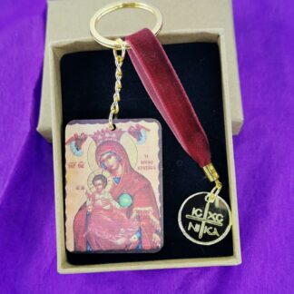Μπρελόκ Παναγία Η βρεφοκρατούσα – Θρησκευτικό μπρελόκ με κορδόνι και πλεξιγκλάς στοιχείο