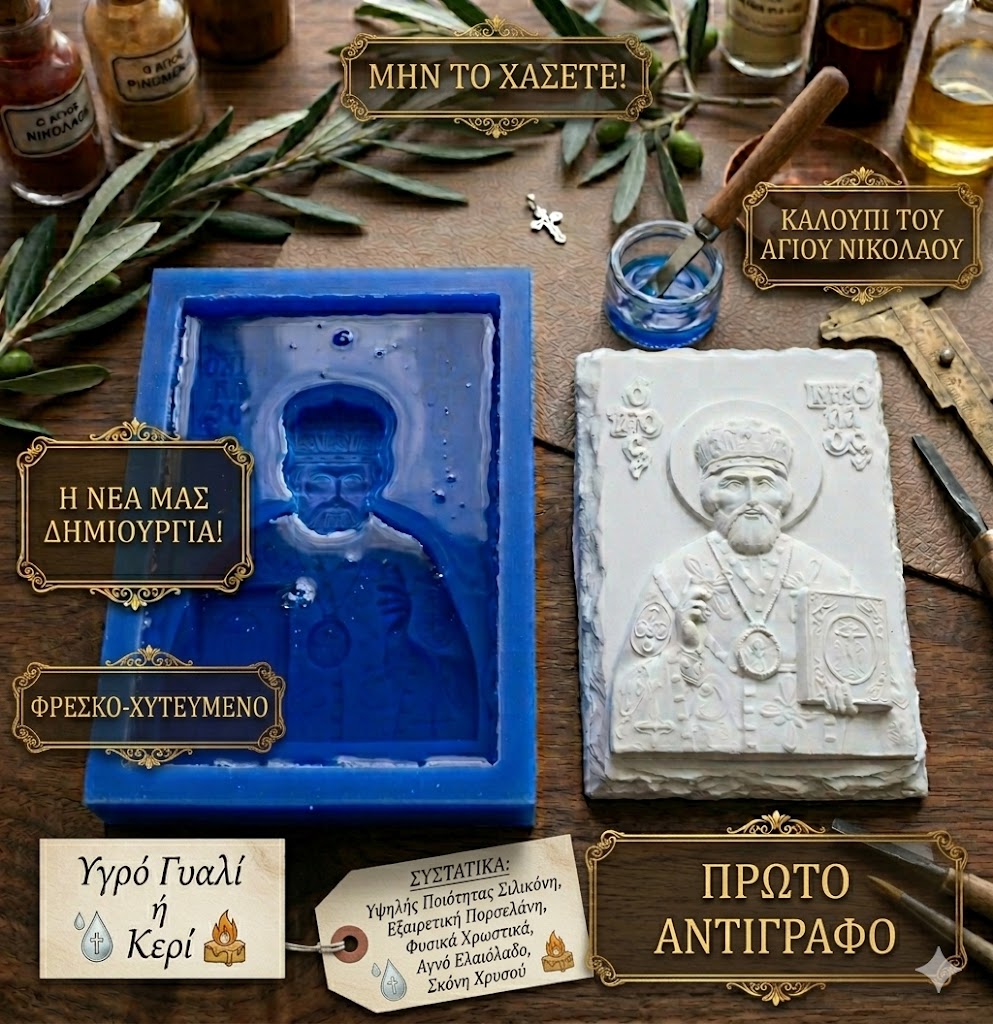 Μπλε καλούπι σιλικόνης του Αγίου Νικολάου δίπλα σε έτοιμο λευκό ανάγλυφο αντίγραφο, με διακοσμητικά στοιχεία από υγρό γυαλί, κερί και φυσικά συστατικά