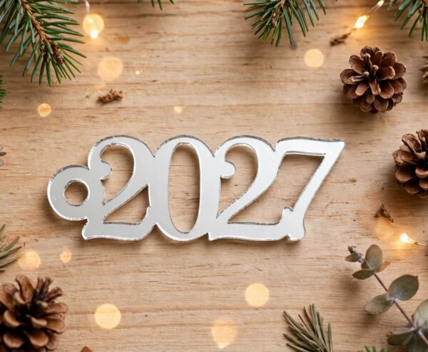 Διακοσμητικό στοιχείο για γούρια 2027 από ασημί plexiglass καθρέφτη